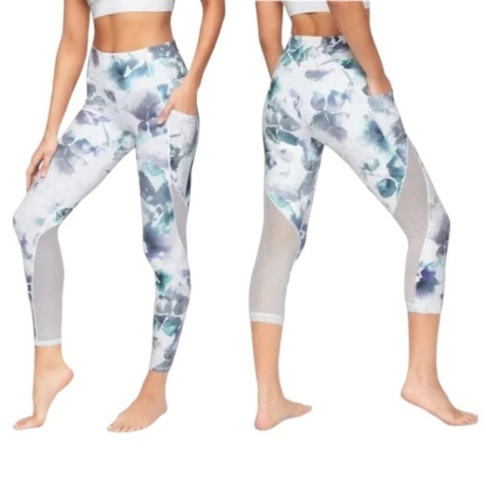 Athleta Floral Mudra 7/8 Leggings Mesh Side Panels in Watercolor Blue Multicolor